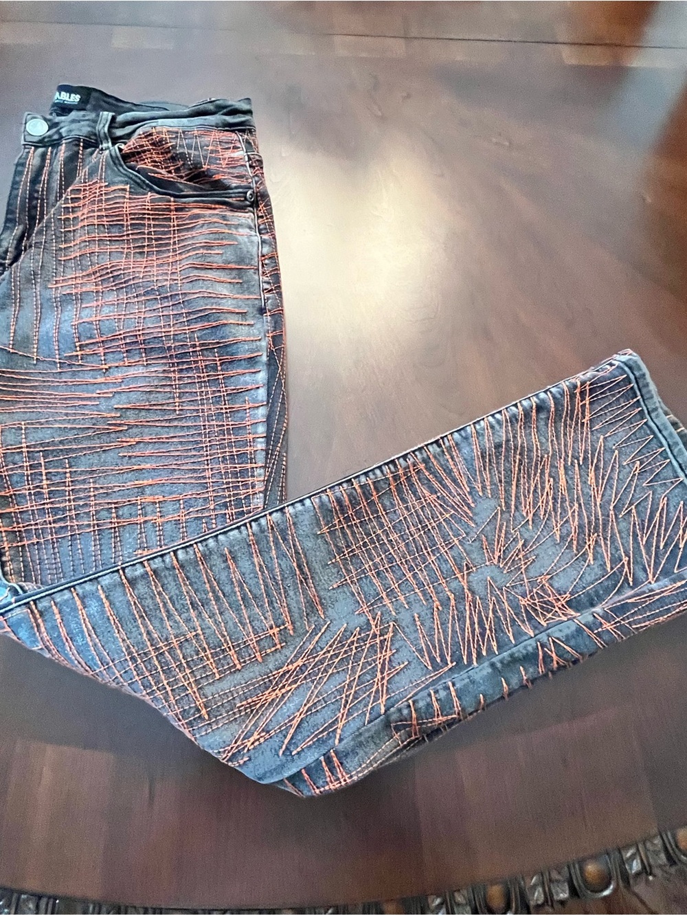 Men's Slim-Straight Black/Gray Jeans with Orange Stitching